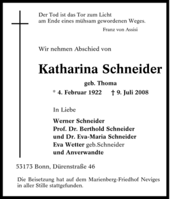 Traueranzeige von Katharina Schneider von Tageszeitung