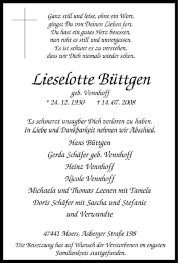 Traueranzeige von Lieselotte Büttgen von Tageszeitung