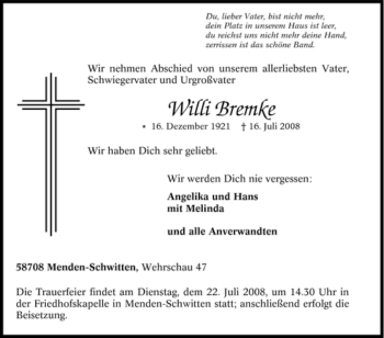 Traueranzeige von Willi Bremke von Tageszeitung