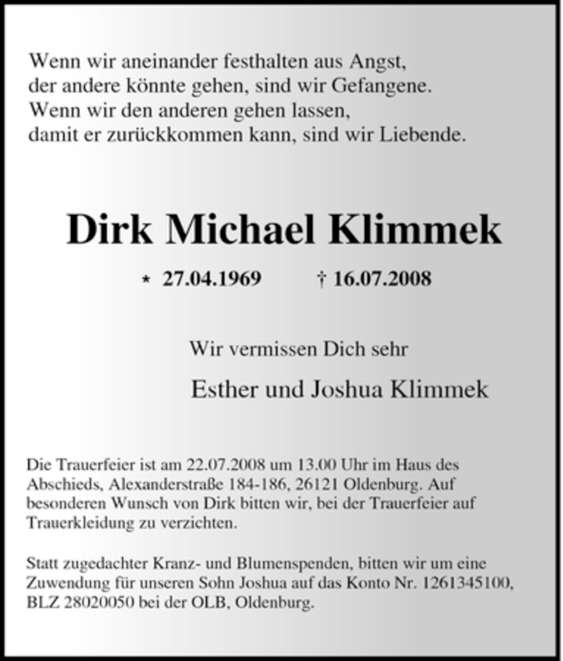  Traueranzeige für Dirk Michael Klimmek vom 19.07.2008 aus Tageszeitung