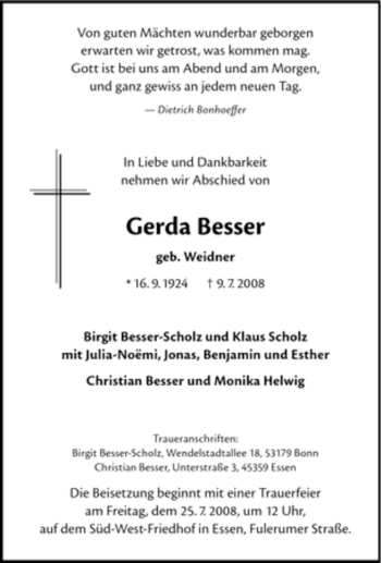 Traueranzeige von Gerda Besser von Tageszeitung