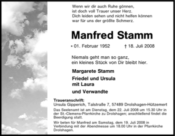 Traueranzeige von Manfred Stamm von Tageszeitung