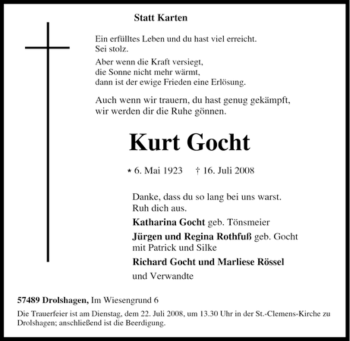 Traueranzeige von Kurt Gocht von Tageszeitung