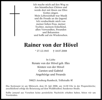 Traueranzeige von Rainer von der Hövel von Tageszeitung