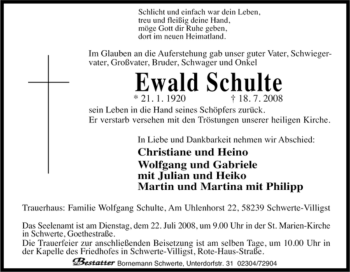 Traueranzeige von Ewald Schulte von Tageszeitung