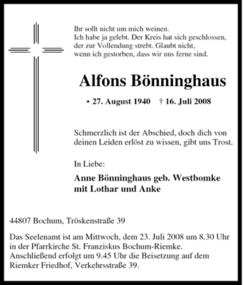 Traueranzeige von Alfons Bönninghaus von Tageszeitung