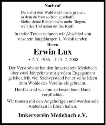 Traueranzeige von Erwin Lux von Tageszeitung