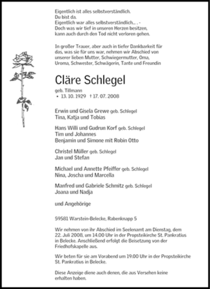  Traueranzeige für Cläre Schlegel vom 19.07.2008 aus Tageszeitung