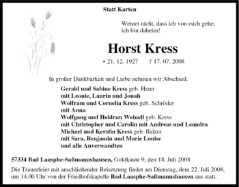 Traueranzeige von Horst Kress von Tageszeitung