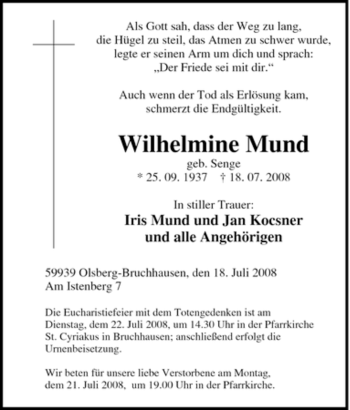 Traueranzeige von Wilhelmine Mund von Tageszeitung