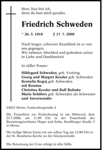 Traueranzeige von Friedrich Schweden von Tageszeitung