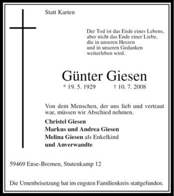 Traueranzeige von Günter Giesen von Tageszeitung