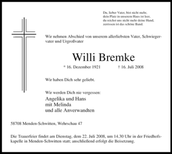 Traueranzeige von Willi Bremke von Tageszeitung