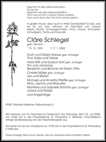 Traueranzeige von Cläre Schlegel von Tageszeitung