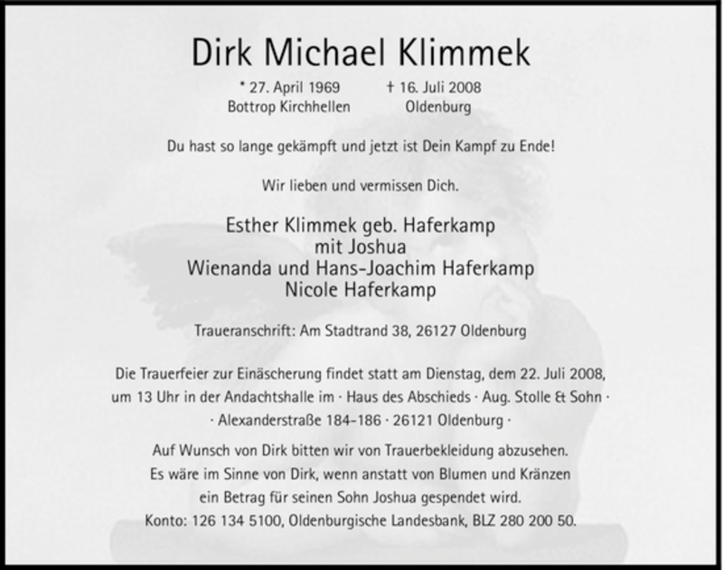  Traueranzeige für Dirk Michael Klimmek vom 18.07.2008 aus Tageszeitung