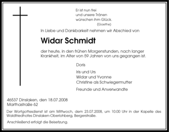 Traueranzeige von Widar Schmidt von Tageszeitung