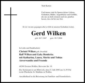 Traueranzeige von Gerd Wilken von Tageszeitung