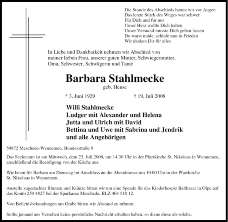  Traueranzeige für Barbara Stahlmecke vom 21.07.2008 aus Tageszeitung