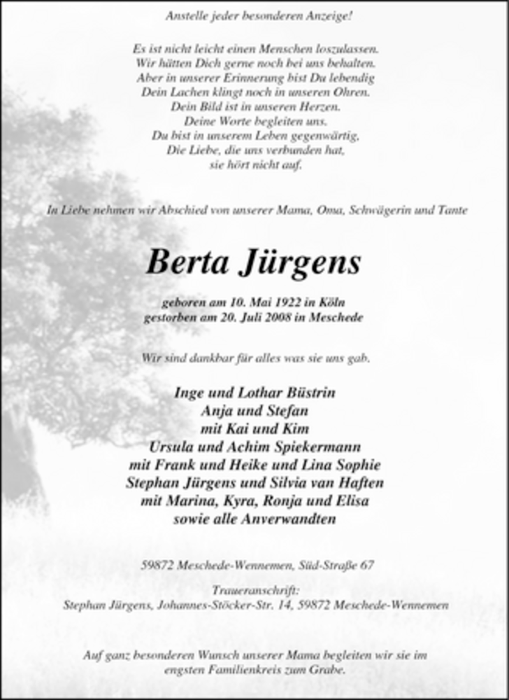  Traueranzeige für Berta Jürgens vom 21.07.2008 aus Tageszeitung