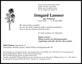 Traueranzeige von Irmgard Lassner von Tageszeitung