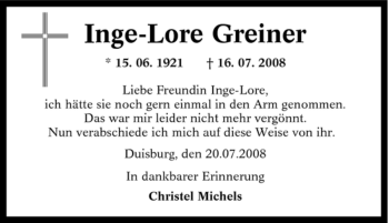 Traueranzeige von Inge-Lore Greiner von Tageszeitung