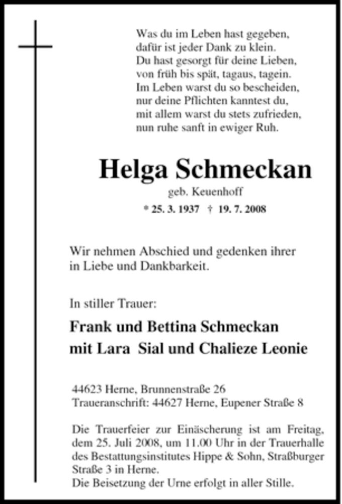  Traueranzeige für Helga Schmeckan vom 22.07.2008 aus Tageszeitung