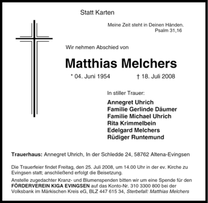 Traueranzeigen von Matthias Melchers | Trauer-in-NRW.de