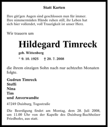 Traueranzeige von Hildegard Timreck von Tageszeitung