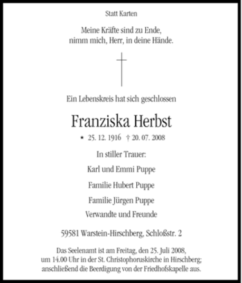 Traueranzeige von Franziska Herbst von Tageszeitung