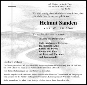 Traueranzeige von Helmut Sanden von Tageszeitung