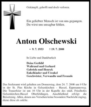 Traueranzeige von Anton Olschewski von Tageszeitung