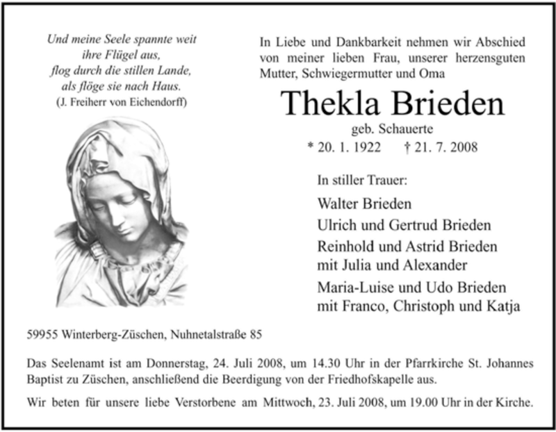  Traueranzeige für Thekla Brieden vom 22.07.2008 aus Tageszeitung