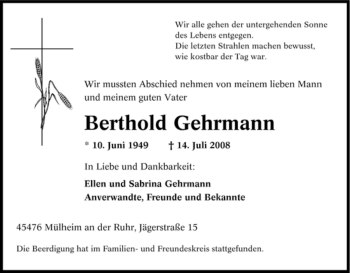 Traueranzeige von Berthold Gehrmann von Tageszeitung