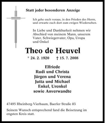 Traueranzeige von Theo de Heuvel von Tageszeitung