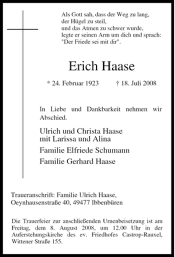 Traueranzeige von Erich Haase von Tageszeitung