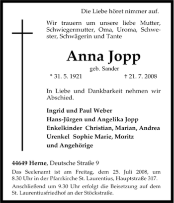 Traueranzeige von Anna Jopp von Tageszeitung