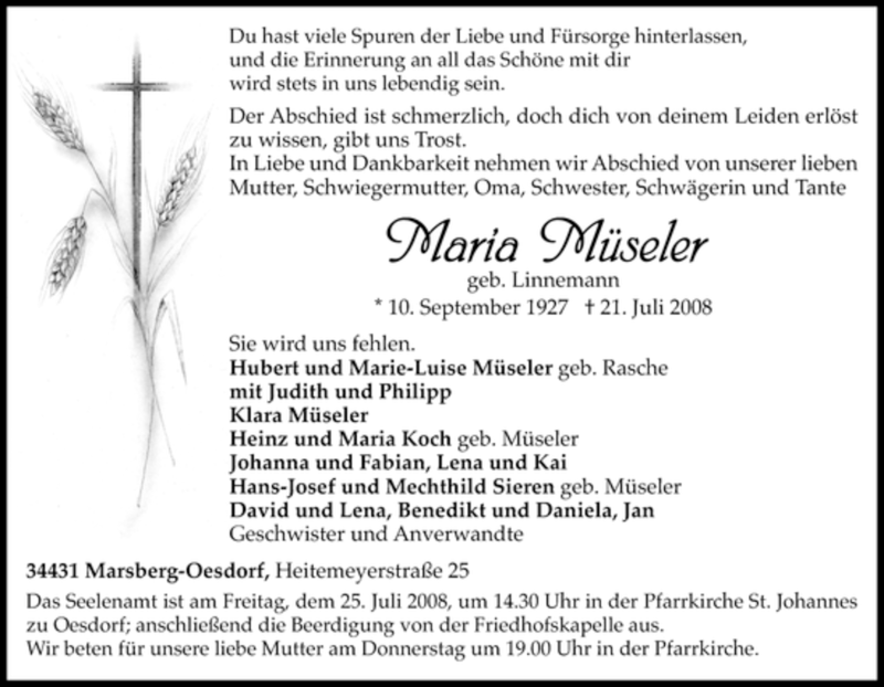  Traueranzeige für Maria Müseler vom 23.07.2008 aus Tageszeitung