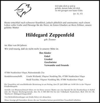 Traueranzeige von Hildegard Zeppenfeld von Tageszeitung