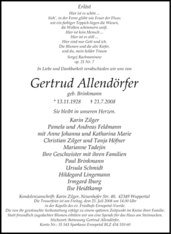 Traueranzeige von Gertrud Allendörfer von Tageszeitung