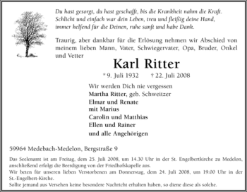 Traueranzeige von Karl Ritter von Tageszeitung