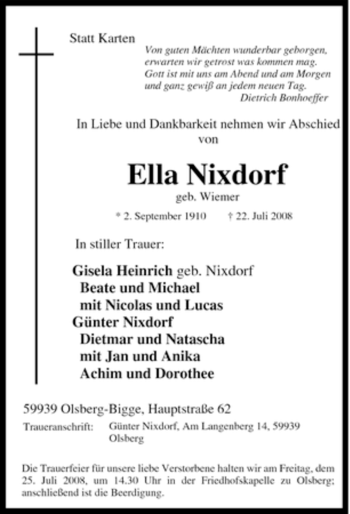 Traueranzeige von Ella Nixdorf von Tageszeitung
