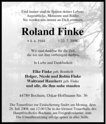 Traueranzeige von Roland Finke von Tageszeitung