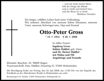 Traueranzeige von Otto-Peter Gross von Tageszeitung