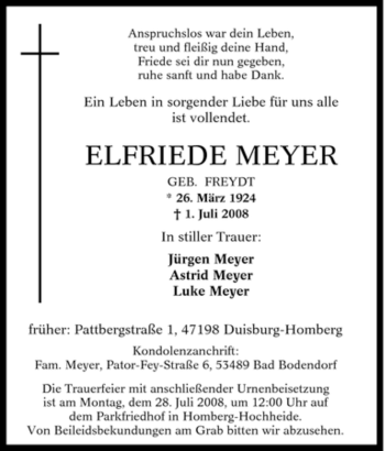 Traueranzeige von ELFRIEDE MEYER von Tageszeitung