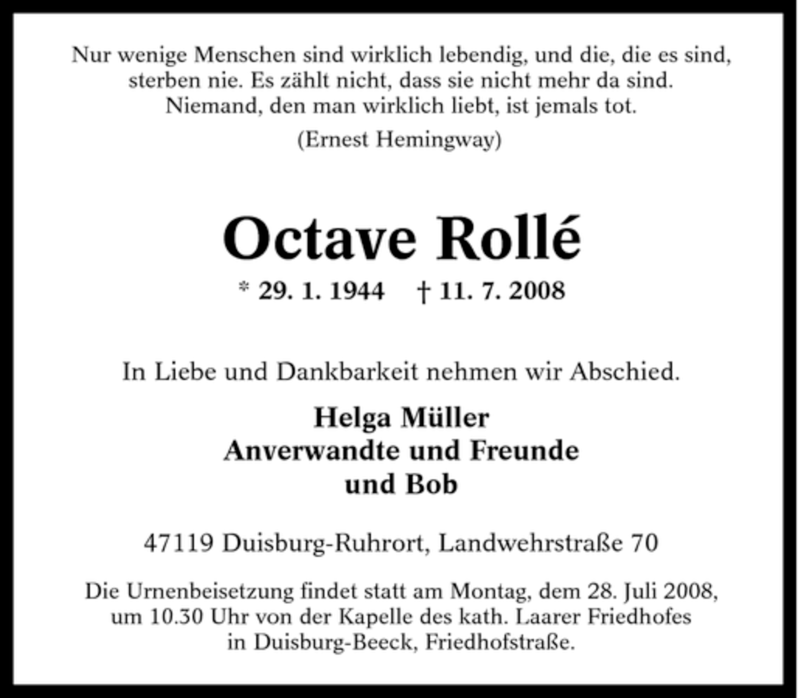  Traueranzeige für Octave Rollé vom 24.07.2008 aus Tageszeitung