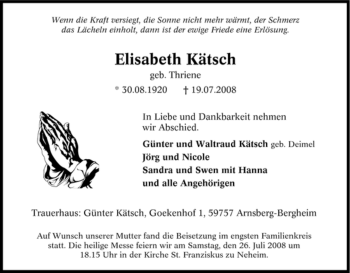 Traueranzeige von Elisabeth Kätsch von Tageszeitung