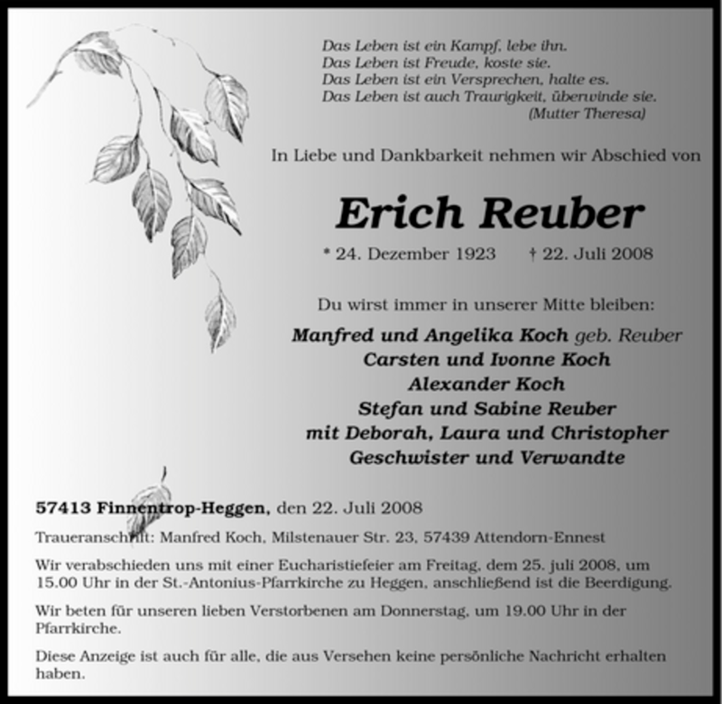  Traueranzeige für Erich Reuber vom 24.07.2008 aus Tageszeitung