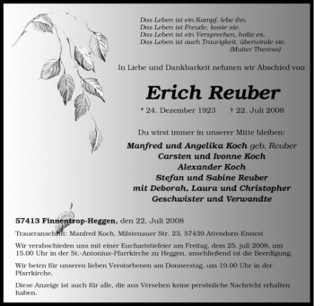 Traueranzeige von Erich Reuber von Tageszeitung