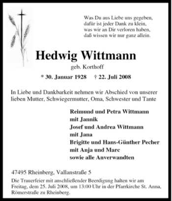 Traueranzeige von Hedwig Wittmann von Tageszeitung