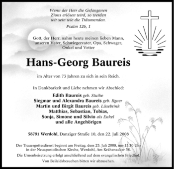 Traueranzeige von Hans-Georg Baureis von Tageszeitung